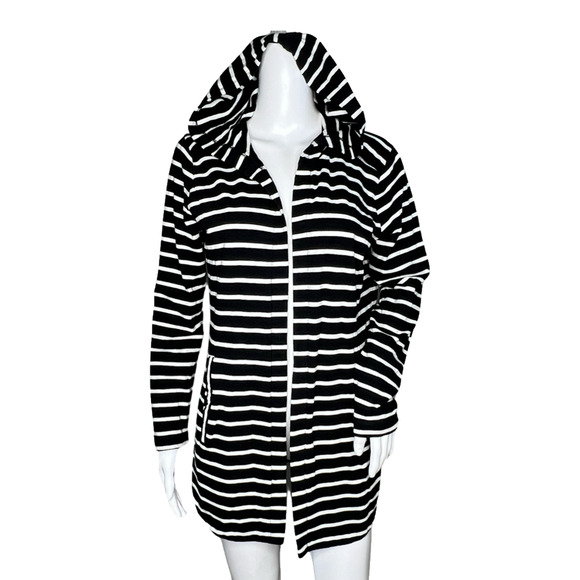 Talbots Sweater Womens Small Black White Striped Hooded Open Cardigan Casual - Picture 1 of 8
